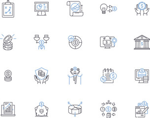 Finance outline icons collection. Money, Financing, Investment, Banking, Accounts, Credit, Budgeting vector and illustration concept set. Wealth, Capital, Stocks linear signs