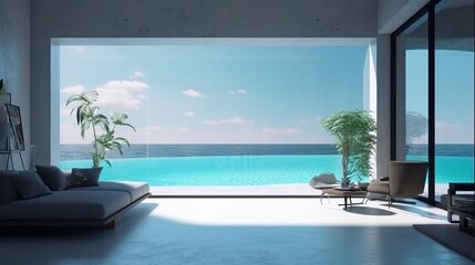 Abstract background with empty living room interior with panoramic window on blue sky and ocean view. Summer wallpaper with sea apartment. Horizontal illustration for banner design. Generative AI.