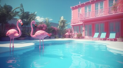 Fototapeta na wymiar Abstract background with pink private villa or hotel exterior with swimming pool and exotic flamingos and palm trees. Summer resort wallpaper. Horizontal illustration for banner design. Generative AI.