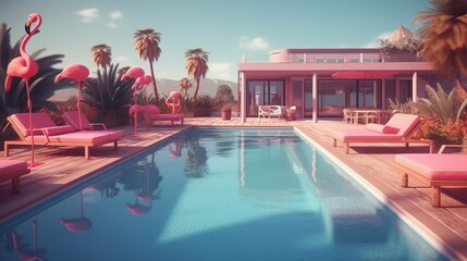 Abstract background with pink private villa or hotel exterior with pool, sunbeds with flamingos and palm trees. Summer resort wallpaper. Horizontal illustration for banner design. Generative AI.