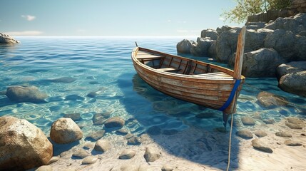 Plakat Abstract background with old wooden rowing boat stands on shore with clear water near tropical island rocks. Summer wallpaper with ocean view. Horizontal illustration for banner design. Generative AI.