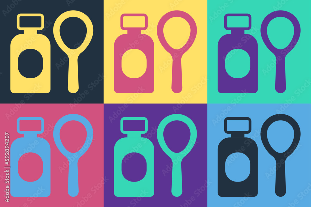 Poster pop art soap bubbles bottle icon isolated on color background. blowing bubbles soap wand bottle. vec