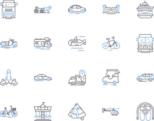 Transport and tour outline icons collection. Transport, Tour, Travel, Bus, Taxi, Car, Rail vector and illustration concept set. Flight,Airline,Cruise linear signs