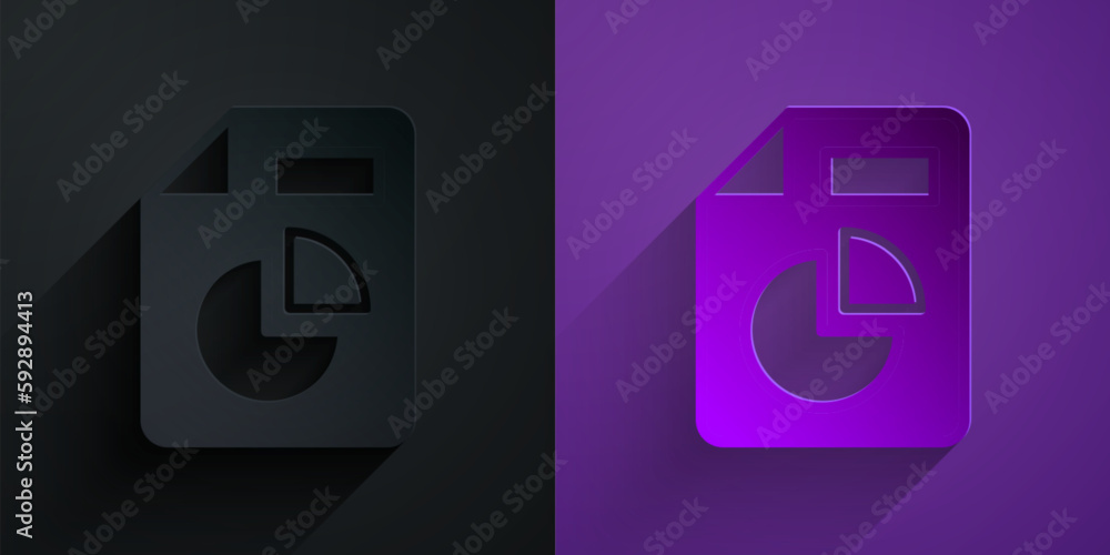 Poster paper cut document with graph chart icon isolated on black on purple background. report text file ic