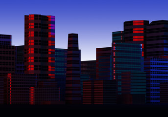 Night city. Skyscrapers with burning windows. Panorama evening metropolis. Down town. Buildings of modern city. Background from night metropolis. Cityline from skyscrapers. City landscape. 3d image