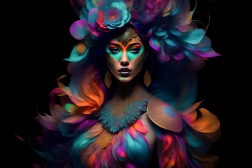 Crédence de cuisine en verre imprimé Carnaval Woman with beautiful exotic look for parade and colorful headdress. Beautiful Woman makeup and feathered dress for party. Generative Ai
