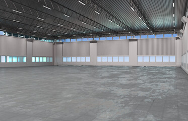 Empty industrial building. Spacious hangar without anyone. Empty factory with concrete floor....