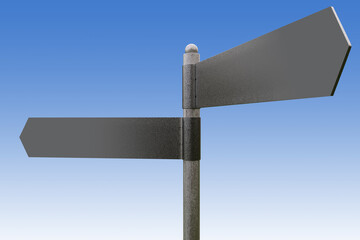 Metal street sign. Direction pointer for intersection. Empty road sign. Street signboard for place name names. Road sign on blue. Outdoor pointer with anti-vandal coating. 3d image.