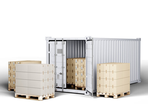 Steel cargo container. Parcels with pallets on white. Twenty foot container with boxes. Tare for freight. Sea cargo container is open. Logistics business. Transportation of goods. 3d image
