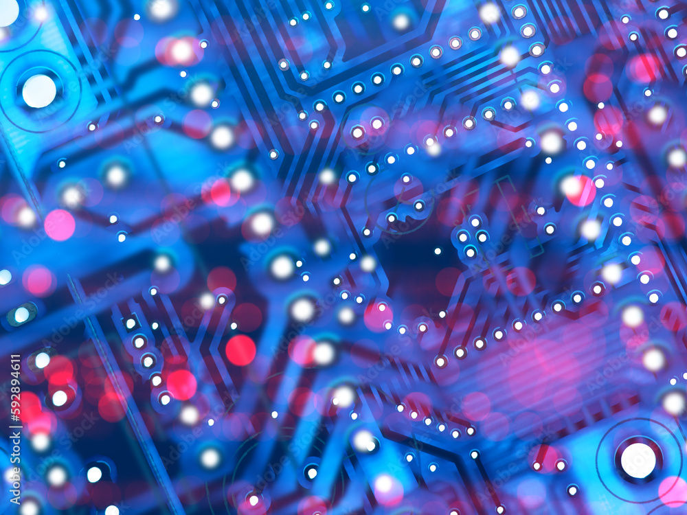 Poster background from digital circuit board. blue technology pattern. texture processor under magnifying g