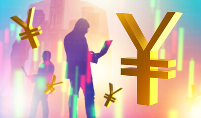 Investment in yuan. Silhouettes of traders with laptop. Men trade on Chinese stock market. China...