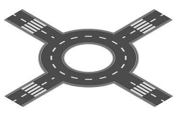 Isometric road element for highway city street map traffic creation. Asphalt part of road or route with curve, circle, cross and junction