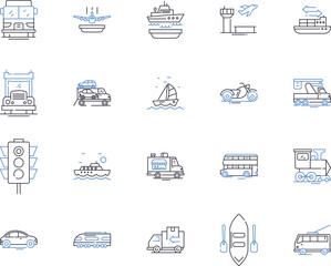 Fototapeta premium Transport and travel outline icons collection. Logistics, Planes, Boats, Trains, Roads, Ridesharing, Buses vector and illustration concept set. Autos, Taxis, Cabs linear signs