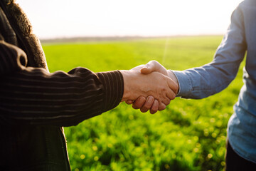 Negotiation. Two farmers agree by shaking hands in a green wheat field. The concept of agricultural...