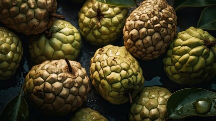 Obraz premium Fresh Custard apple Seamless Background with Glistening Droplets - Hasselblad Shot, Pro Color Grading, Soft Shadows, and High-End Retouching. Generative AI.
