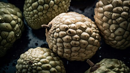 Fototapeta na wymiar Fresh Custard apple Seamless Background with Glistening Droplets - Hasselblad Shot, Pro Color Grading, Soft Shadows, and High-End Retouching. Generative AI.