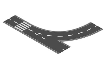 Isometric road element for highway city street map traffic creation. Asphalt part of road and route with curve and crosses
