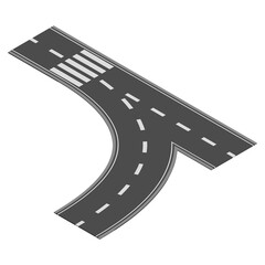 Isometric road element for highway city street map traffic creation. Asphalt part of road and route with curve and crosses