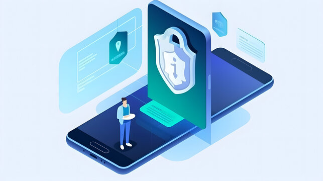 User two-factor authentication technology via mobile phone. Identification human in mobile bank for internet payments or access confidential information. Fintech isometric concept. Digital safety.