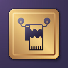Purple Towel on hanger icon isolated on purple background. Bathroom towel icon. Gold square button. Vector