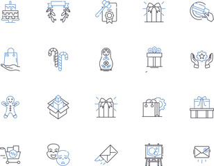 Gifts outline icons collection. Present, Birthday, Souvenir, Keepsake, Offering, Token, Surprise vector and illustration concept set. Trinket, Goody, Glittery linear signs