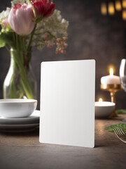 Vertical white blank of paper mockup on table with flowers, dish and candles in restaurant. Empty card with rounded corners for wedding table number or dinner menu template. Generative AI
