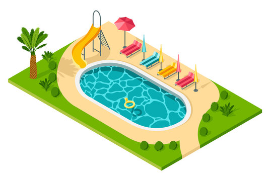 isometric pool scene with slide and lounge chairs clip art preview