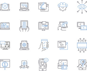 Gadjets and software outline icons collection. Gadgets, Software, Electronics, Technology, Computers, Phones, Tablets vector and illustration concept set. Cameras, Apps, Laptops linear signs