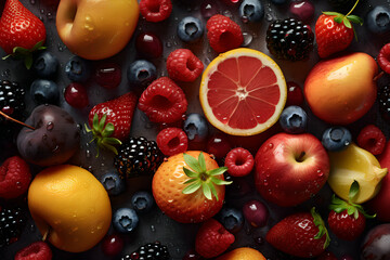 Juicy fresh fruit with water droplets, Generative AI