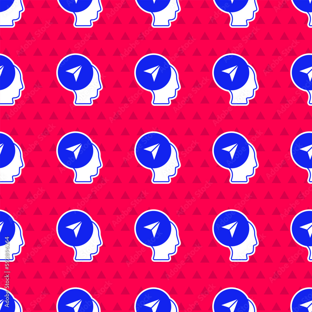 Poster blue map marker with a silhouette of a person icon isolated seamless pattern on red background. gps 