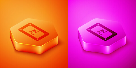 Isometric Gold bars 24k icon isolated on orange and pink background. Banking business concept. Hexagon button. Vector