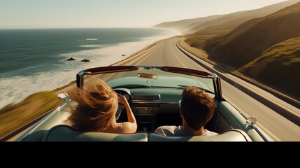 Happy couple in cabriolet on road-trip near the coast - obrazy, fototapety, plakaty