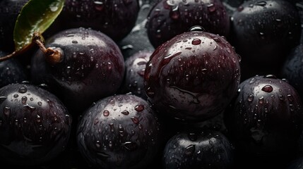 Fresh Jabuticaba Seamless Background with Glistening Droplets - Hasselblad Shot, Pro Color Grading, Soft Shadows, and High-End Retouching. Generative AI.