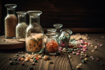 Naklejka na ściany i meble homeopathic granules, medicinal herbs on a natural wooden table on a natural background. alternative medicine and homeopathy. Generative AI
