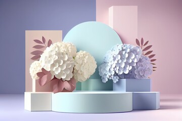 A front view of mockup podium 3D pastel display decorated pedestal with pink and blue hydrangea flower platform. Generative ai