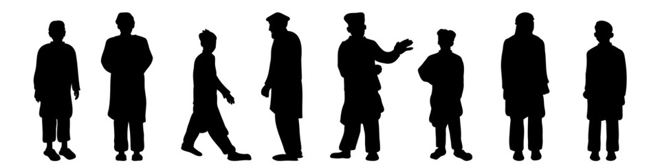 Muslim Arab Asia different poses men silhouettes set. Boys, youth and old man wearing Shalwar kameez traditional dress.