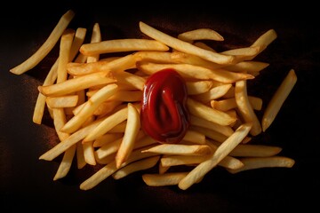 French fries with ketchup on a black background. Top view. Generative AI