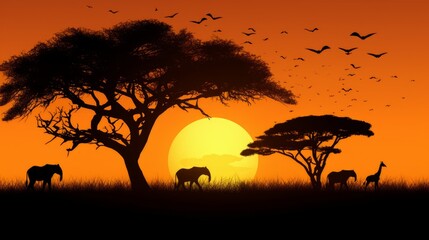 Silhouettes of african animals and acacia against an orange sunset. Generative AI