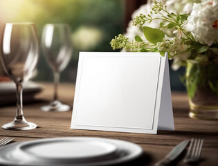 Horizontal white blank of paper mockup on table with flowers, dish and glass in restaurant. Elegant empty card for wedding table number or dinner menu template. Generative AI - 592897478