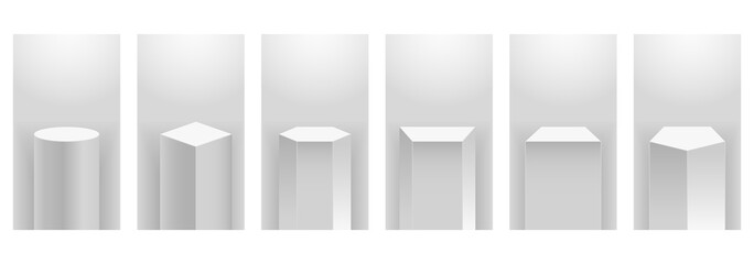 Museum podium stages. Gallery geometric blank product stands. Squares and cylinders column, empty platform with lights. White stands for product