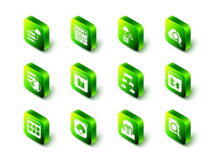 Set Search engine, Cloud technology data transfer, cloud computing, Broken file, concept with folder, Hierarchy organogram chart, Hangar servers and icon. Vector