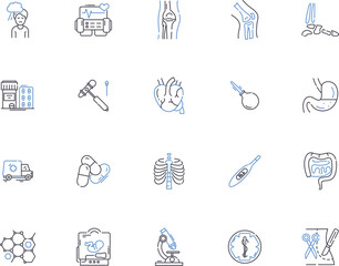Hospital outline icons collection. Hospital, Clinic, Facility, Care, Treatment, Medicine, Ward vector and illustration concept set. Emergency, Surgery, Illness linear signs