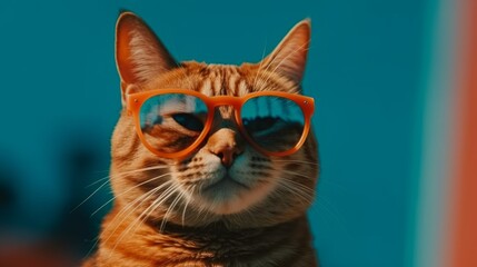 Cat with sunglasses on a blue background. Generative AI