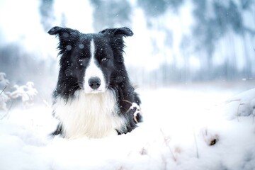 lying black and white border collie dog with erect ears and direct gaze into the lens lying on the snow with a lot of snow, beautiful winter dog portrait
