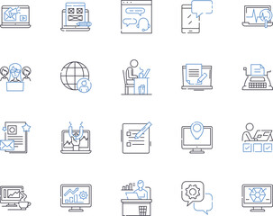 Remote business work outline icons collection. Remote, Business, Work, Telecommute, Digital, Flexible, Online vector and illustration concept set. Virtual, Running, Access linear signs