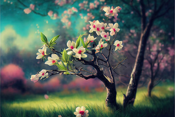Obraz na płótnie Canvas Spring background with flowers. AI render.