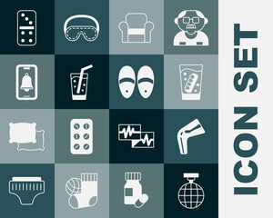 Set Disco ball, Bone pain, False jaw glass, Armchair, Glass with water, Emergency phone call, Domino and Slippers icon. Vector