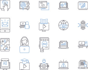Digital industry outline icons collection. Digital, industry, technology, online, computing, internet, marketing vector and illustration concept set. e-commerce, media, software linear signs