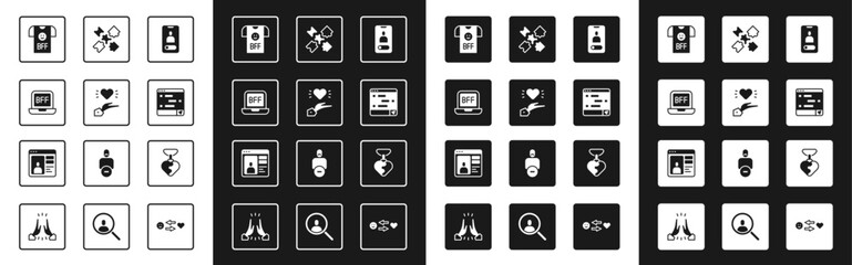 Set Incoming call on mobile, Pleasant relationship, BFF or best friends forever, Chat messages laptop, Puzzle pieces toy, Necklace with heart shaped and Dating app online icon. Vector