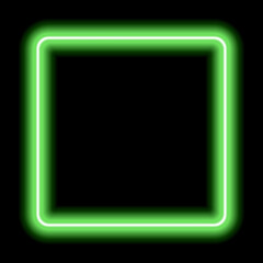 Neon glowing frame. Illuminated geometric shape. Sign in shape of squares, template design element. Bright color rectangular with blank emptyspace inside